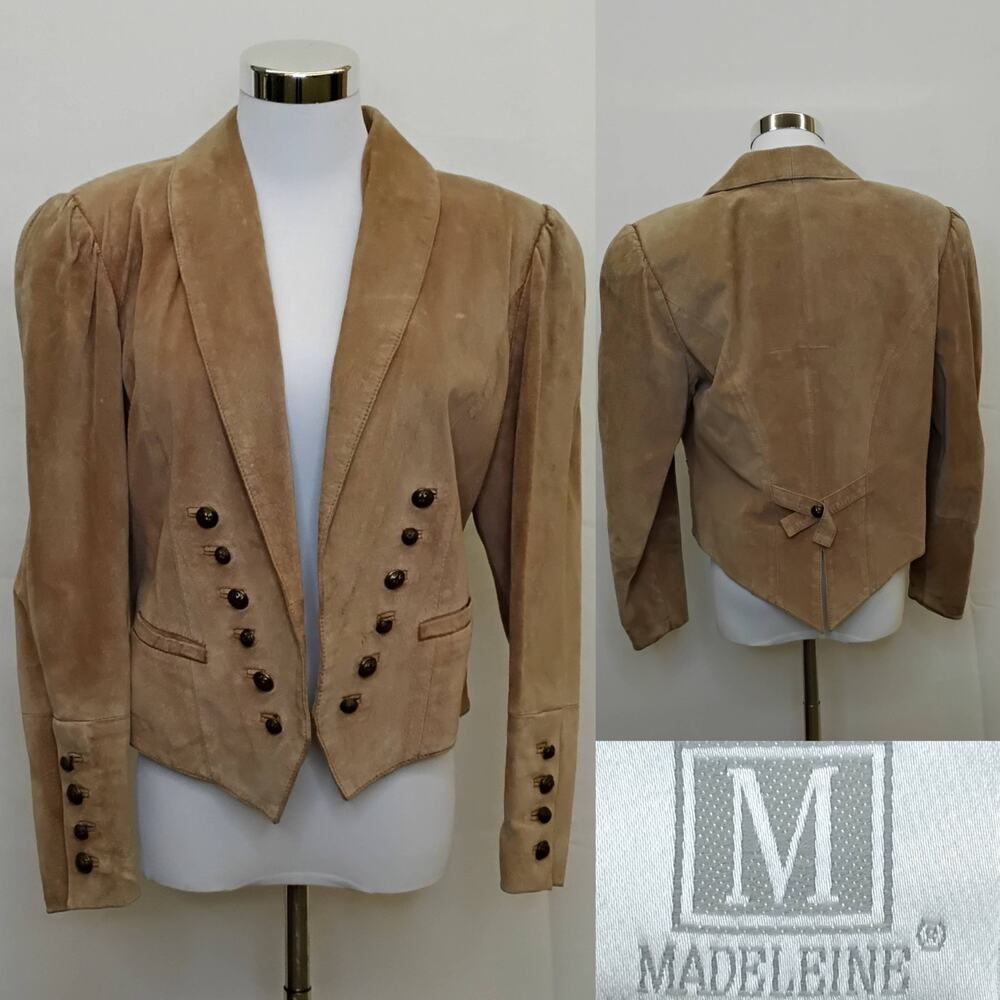 Madeleine Suede Leather Jacket Women's M Brown Brass Crest Buttons VTG #J5276